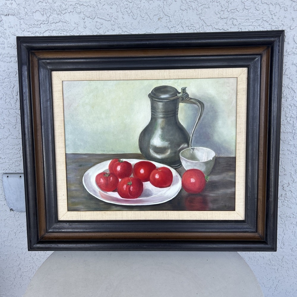 Vintage Still Life Wooden Frame 26x22 Oil on Canvas by Larry Gewirtz